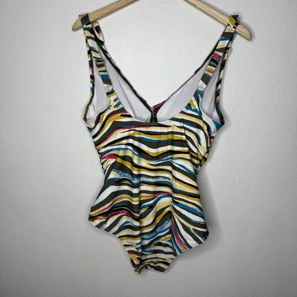 DKNY Zebra Multicolor Stripe Ruffle One Piece Swimsuit Women's 12 Swimming Suit - Picture 5 of 13